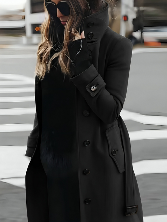 Elinwyn | Women's Long Cotton Coat with High Collar, Waist Belt and Button Detail
