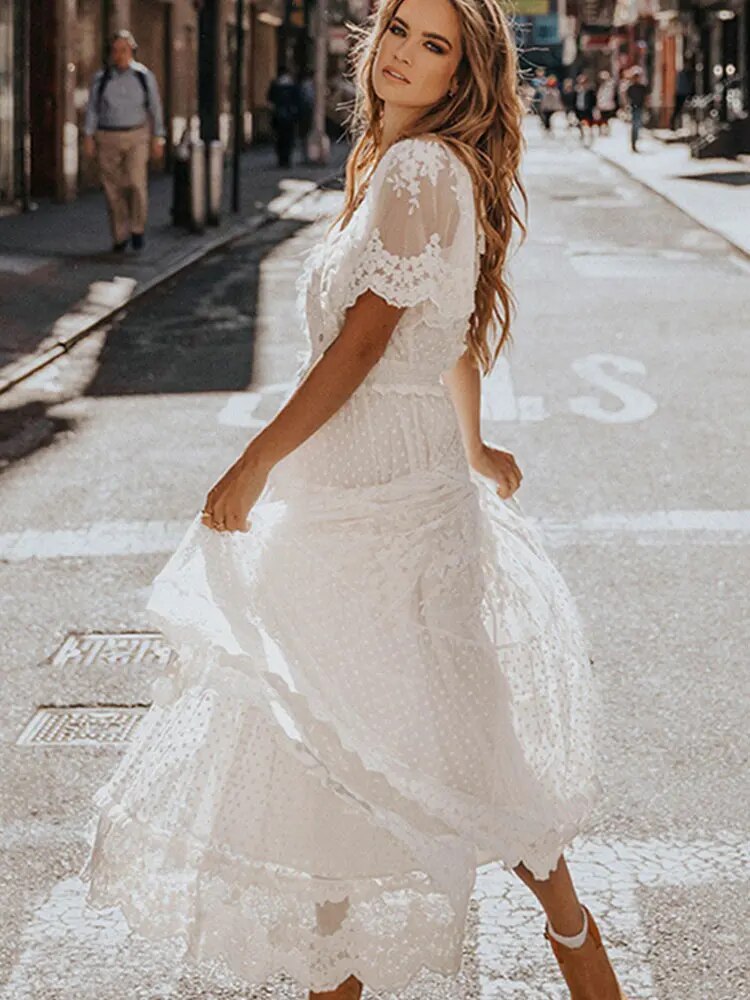 Coraline | Women's Elegant White Lace Maxi Dress with Plunge V-Neck