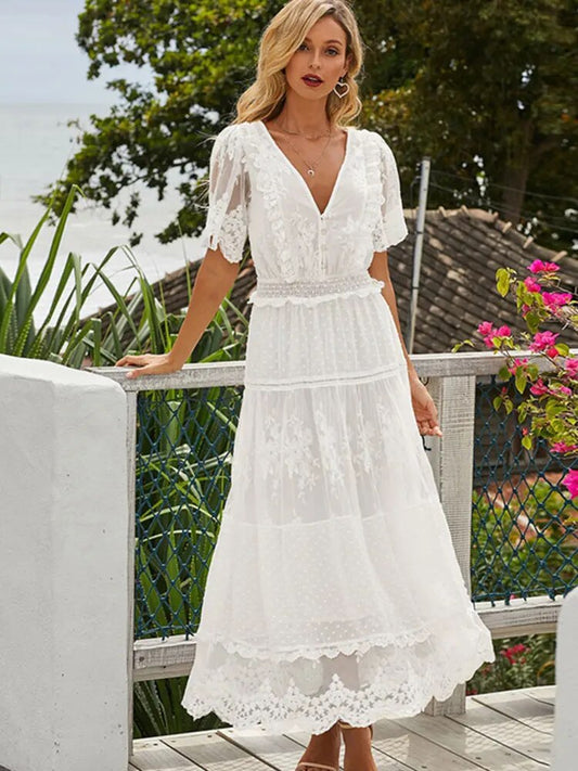 Coraline | Women's Elegant White Lace Maxi Dress with Plunge V-Neck