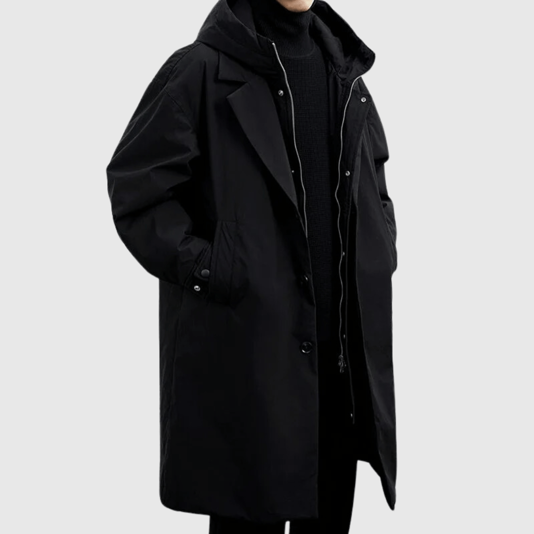 Friedrich | Men's Hooded Long Coat – Stylish Buttoned Design with Relaxed Fit