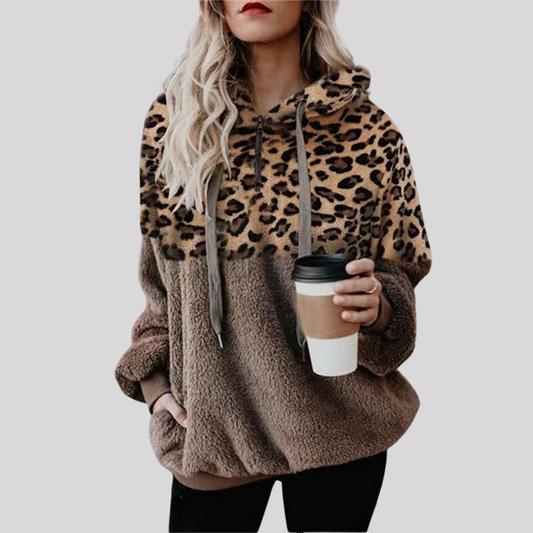 Ankana | Women's Plush Teddy Fleece Jacket with Leopard Print and Hood