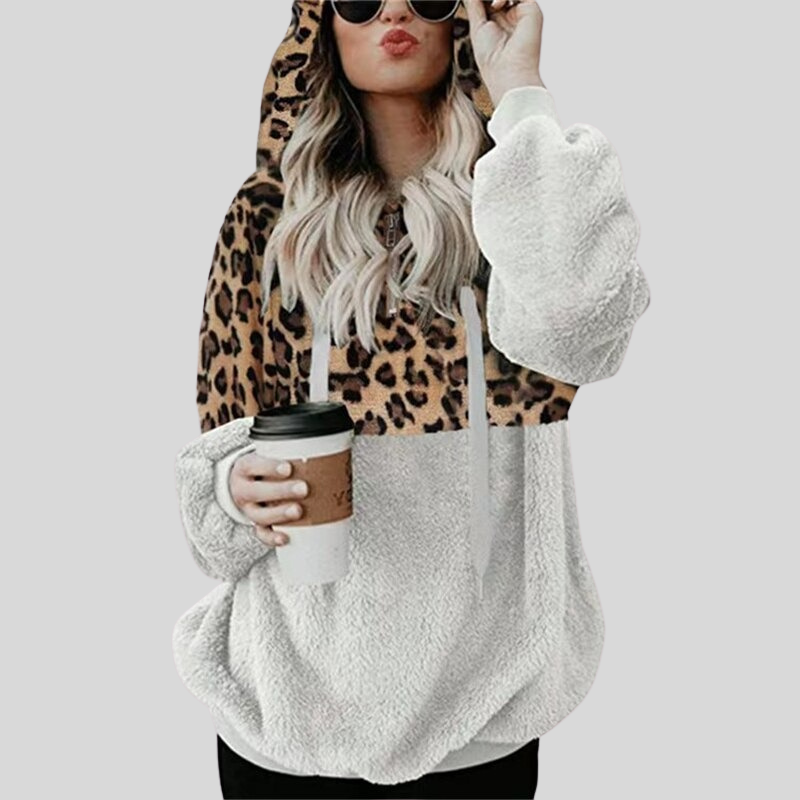 Ankana | Women's Plush Teddy Fleece Jacket with Leopard Print and Hood