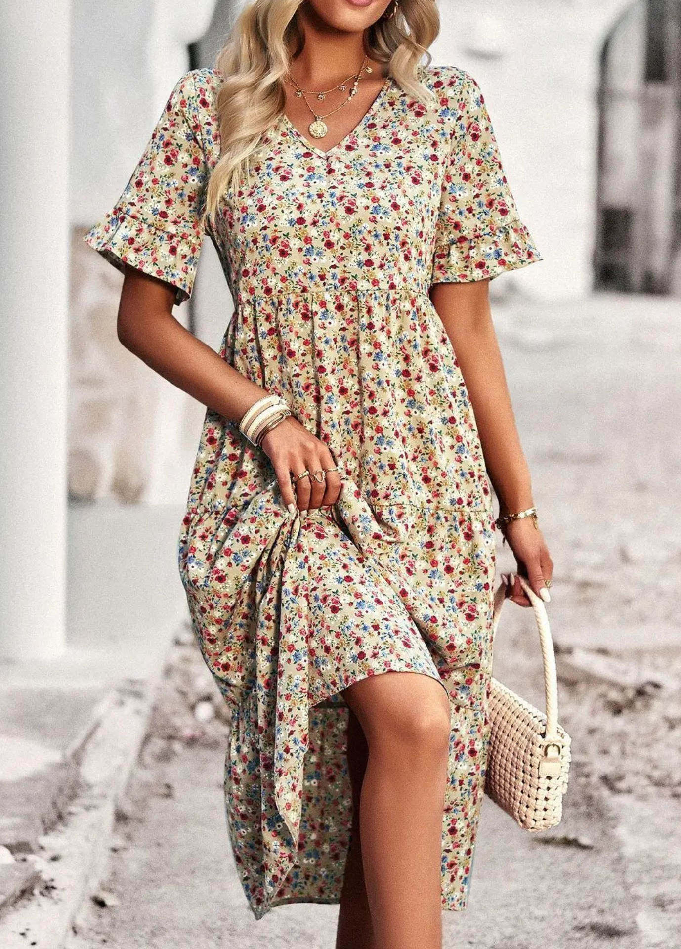Kaelith | Floral V-Neck Boho Midi Dress with Ruffle Sleeves – Elegant Summer Style