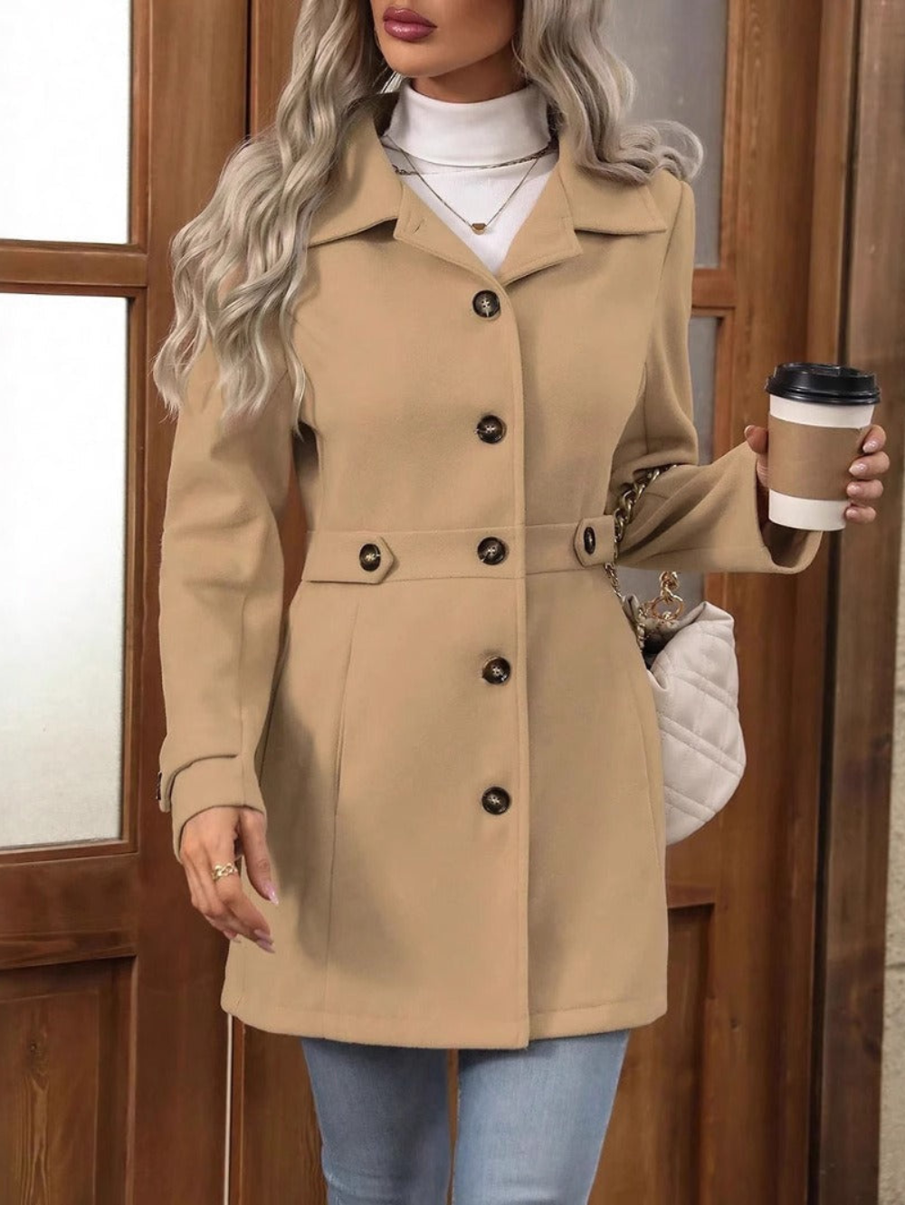 Elestren | Women's Long Cotton Coat with Lapel Collar & Buttons