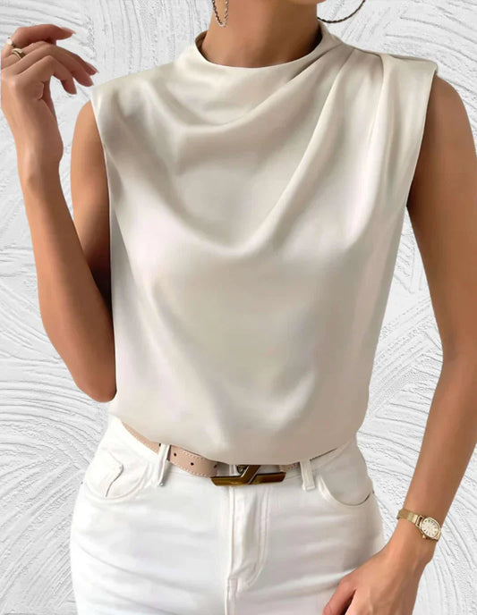 Isla | Women’s Solid Colour Sleeveless Blouse with Round Neck & Pleated Design – Stylish Summer Essential