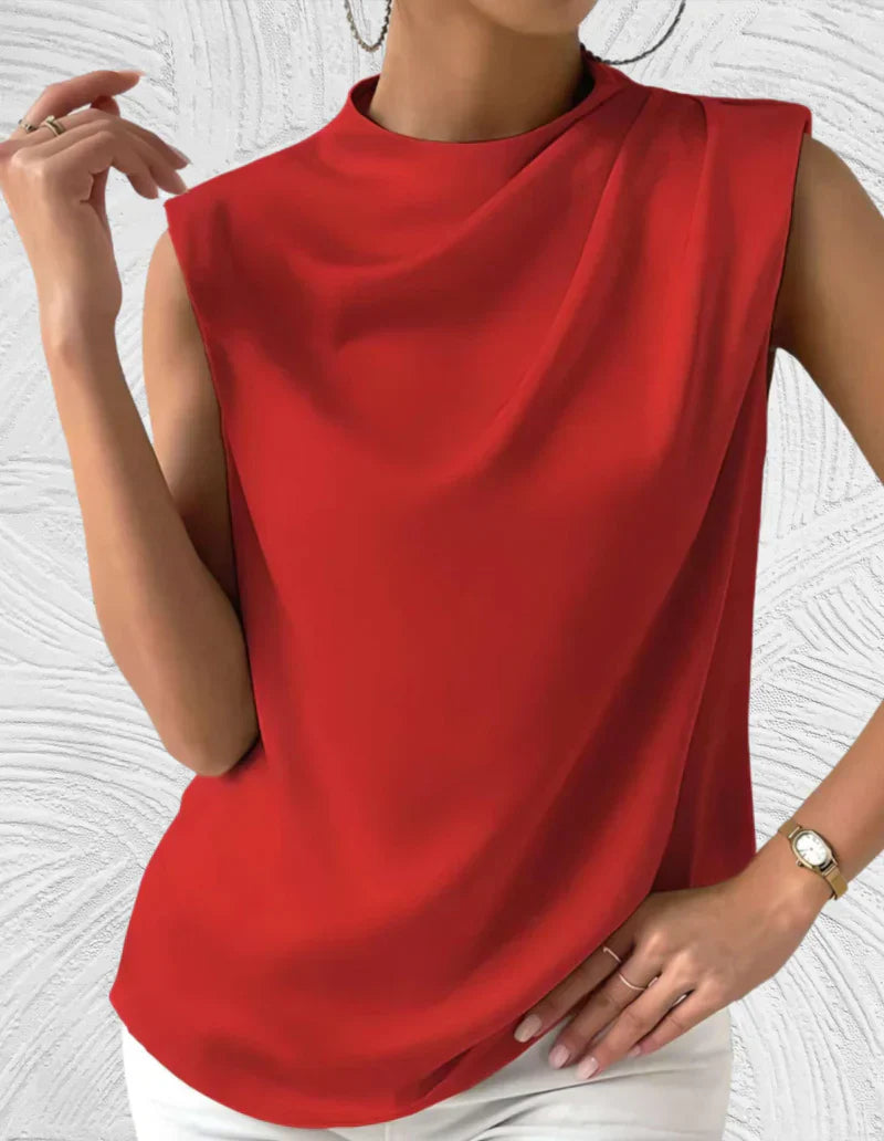 Isla | Women’s Solid Colour Sleeveless Blouse with Round Neck & Pleated Design – Stylish Summer Essential