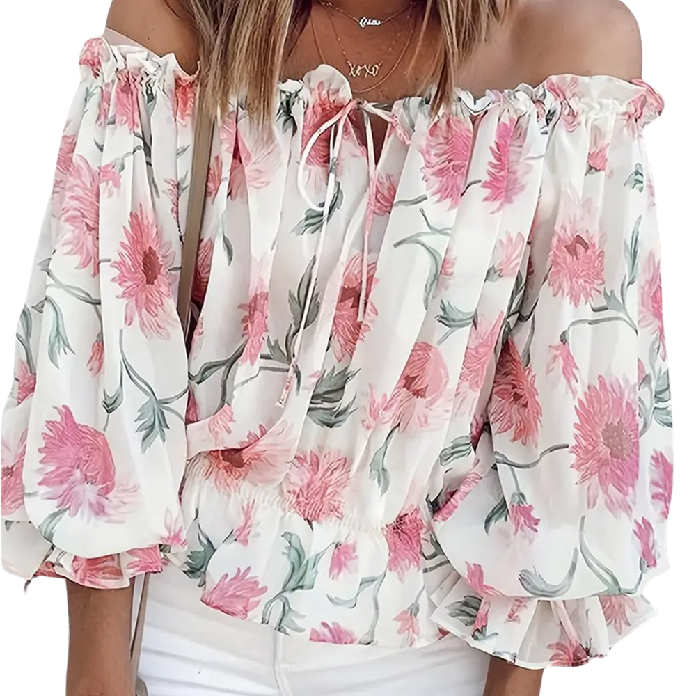 Araminta | Floral Off-Shoulder Blouse – Long Puff Sleeves, Casual Summer Top for Women