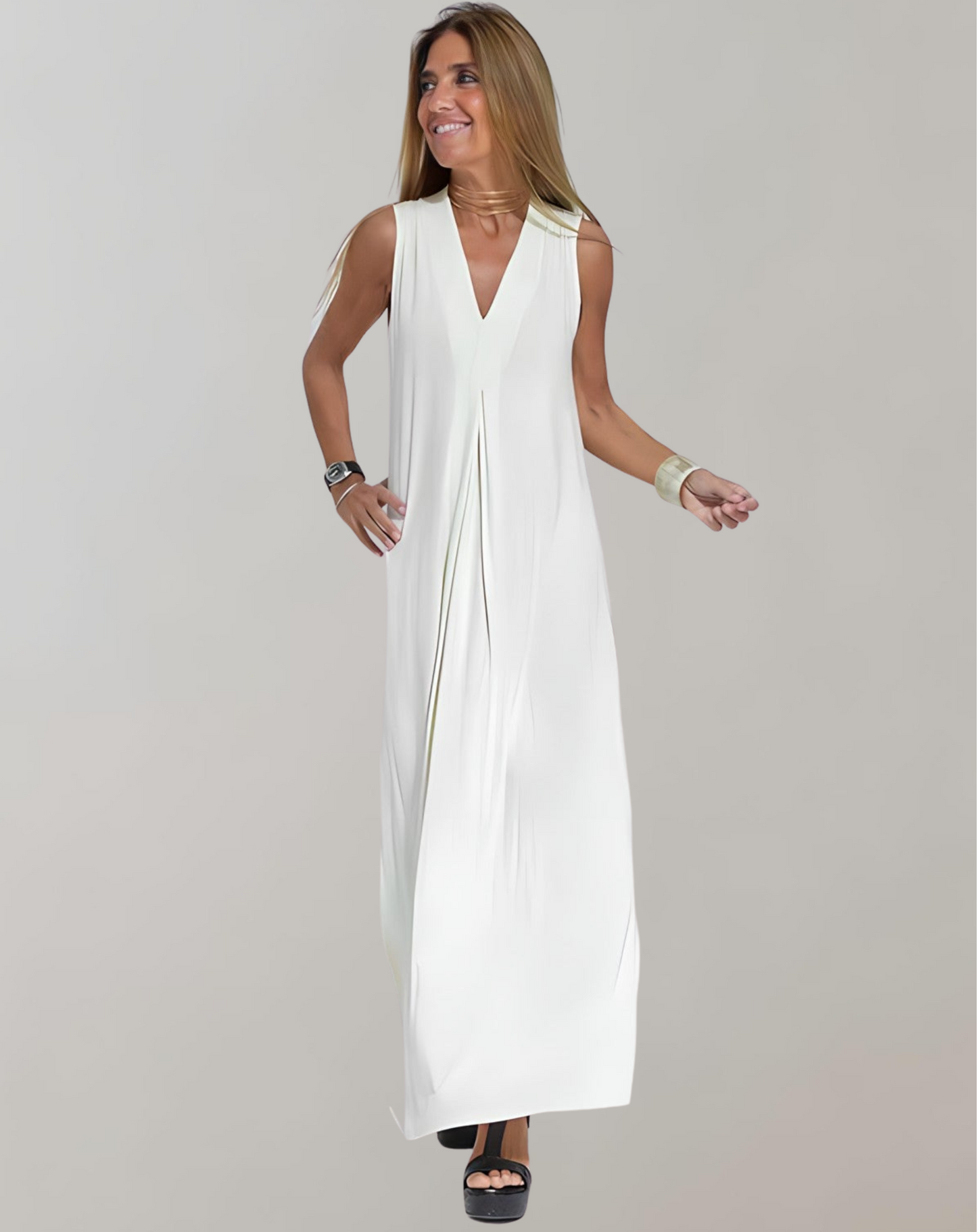 Penthia | Women’s Sleeveless V-Neck Maxi Dress in Linen – Slim Fit with Leg Slit for Summer Elegance