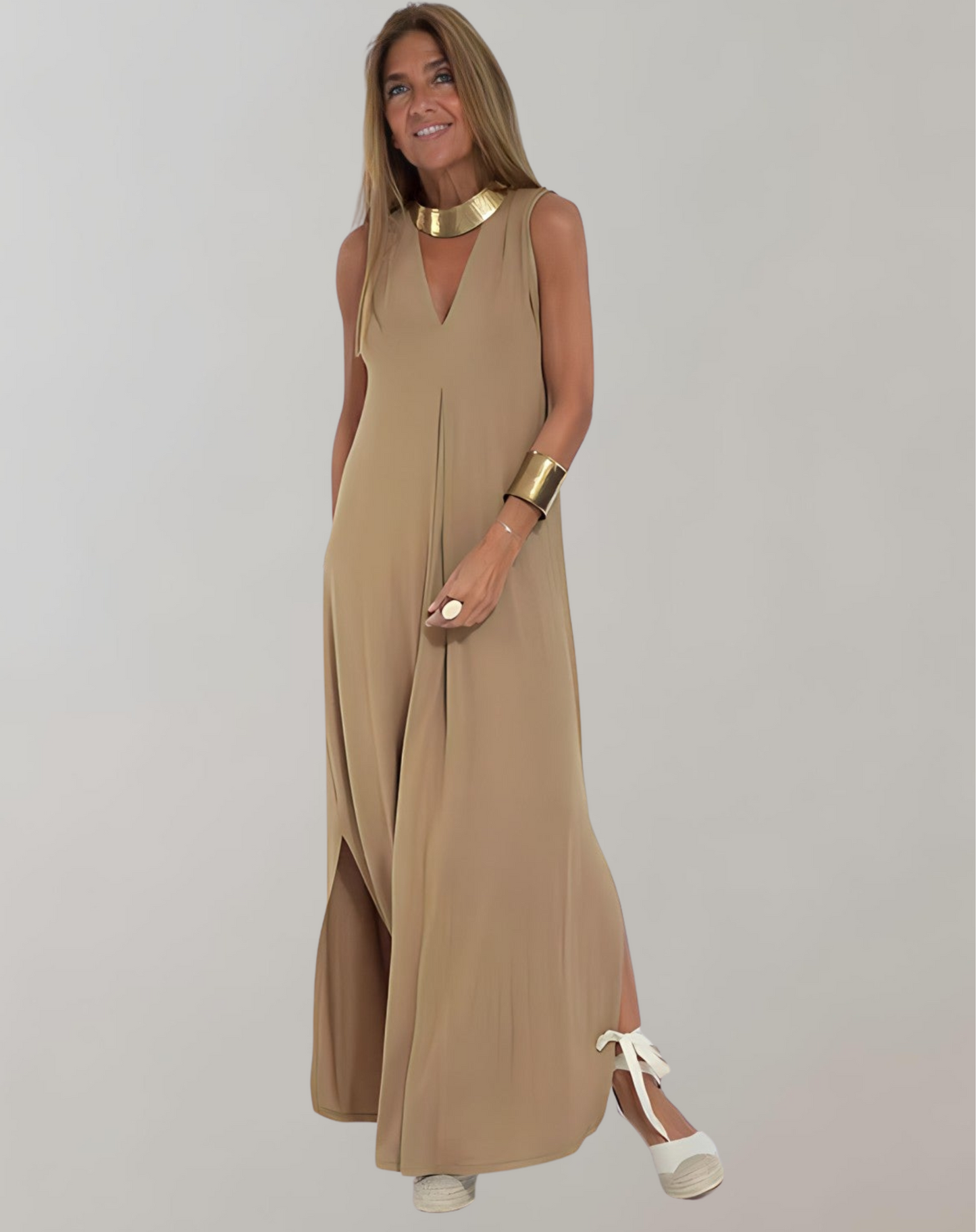 Penthia | Women’s Sleeveless V-Neck Maxi Dress in Linen – Slim Fit with Leg Slit for Summer Elegance