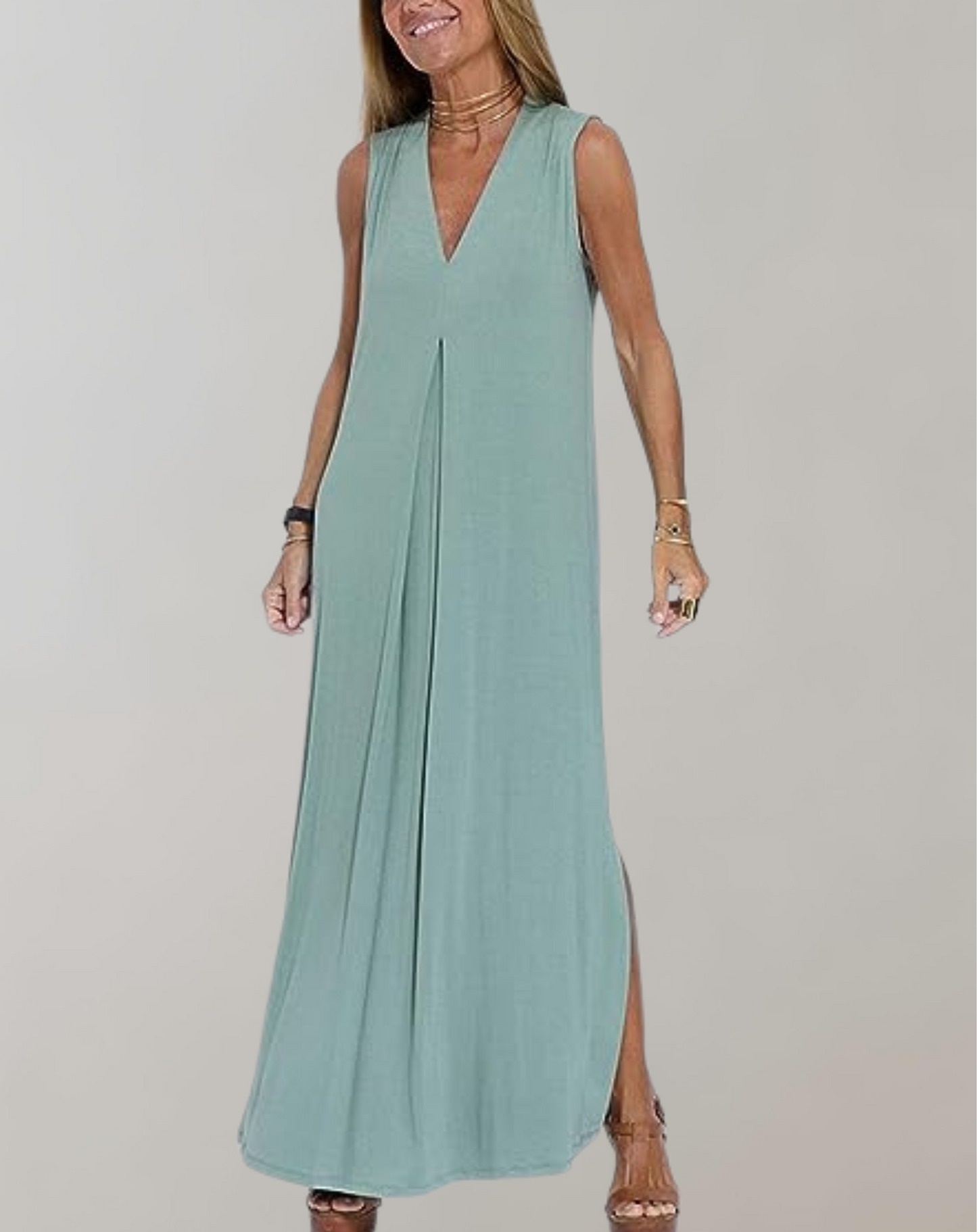 Penthia | Women’s Sleeveless V-Neck Maxi Dress in Linen – Slim Fit with Leg Slit for Summer Elegance