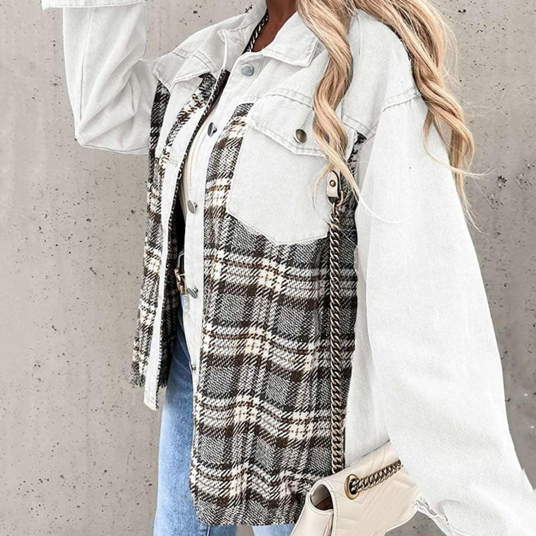 Bianca | Women's Plaid Buttoned Lapel Collar Denim Jacket