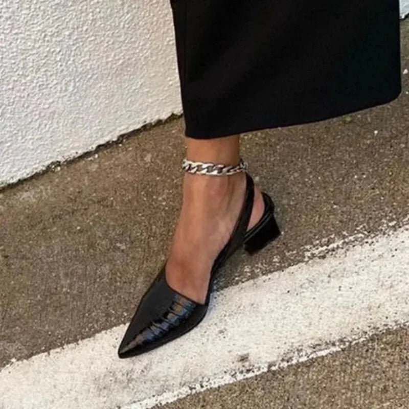 Cecilia | Women's Crocodile Print Mid Block Heels with Pointed Toe Office Sandals