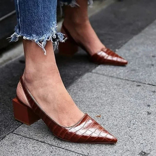 Cecilia | Women's Crocodile Print Mid Block Heels with Pointed Toe Office Sandals