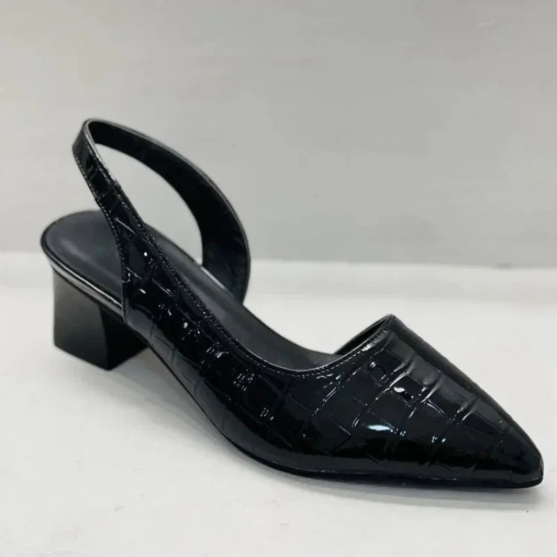 Cecilia | Women's Crocodile Print Mid Block Heels with Pointed Toe Office Sandals