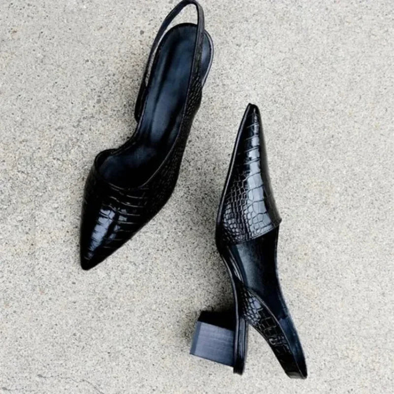 Cecilia | Women's Crocodile Print Mid Block Heels with Pointed Toe Office Sandals