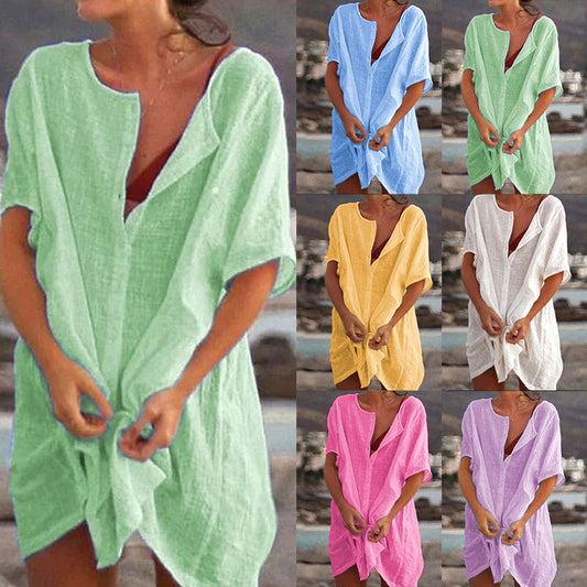 Vespera | Women's Solid Colour Buttoned Loose Fit Linen Summer Cover-Up Mini Dress