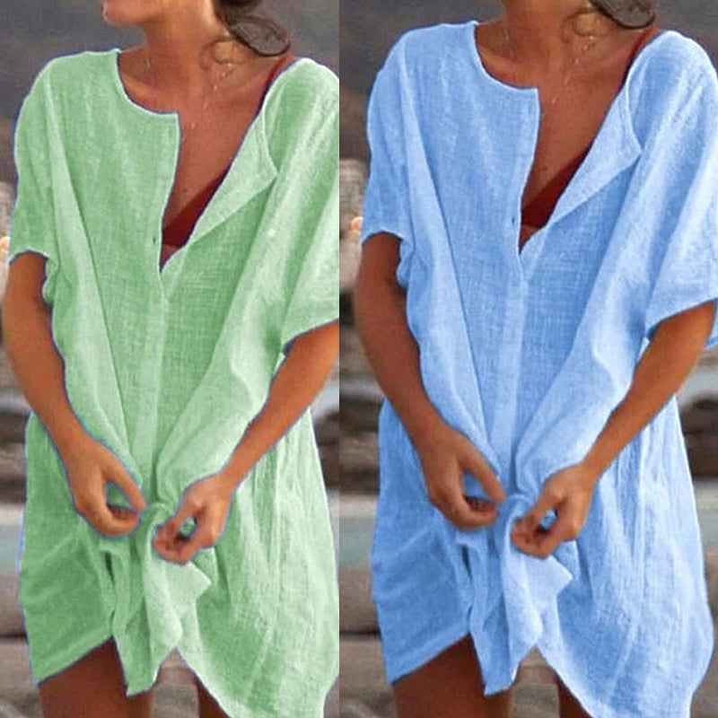 Vespera | Women's Solid Colour Buttoned Loose Fit Linen Summer Cover-Up Mini Dress