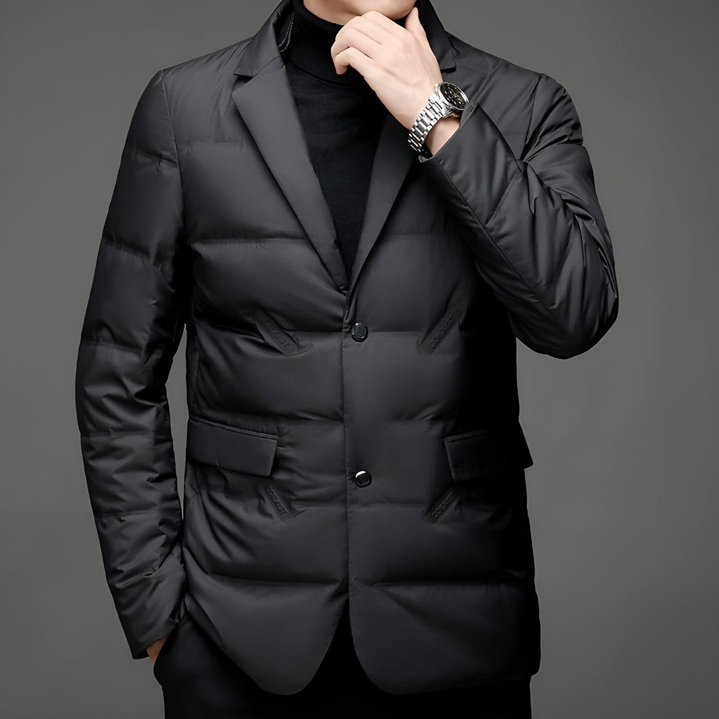 Linus | Men's Water-Resistant Black Shawl Collar Coat with Button Detail & Padded Lining