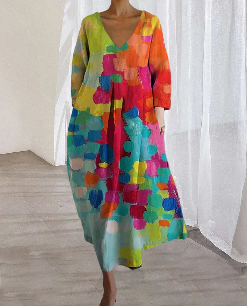 Louisa | Women's Multicolour V-Neck Long Sleeve Loose Fit Summer Midi Dress