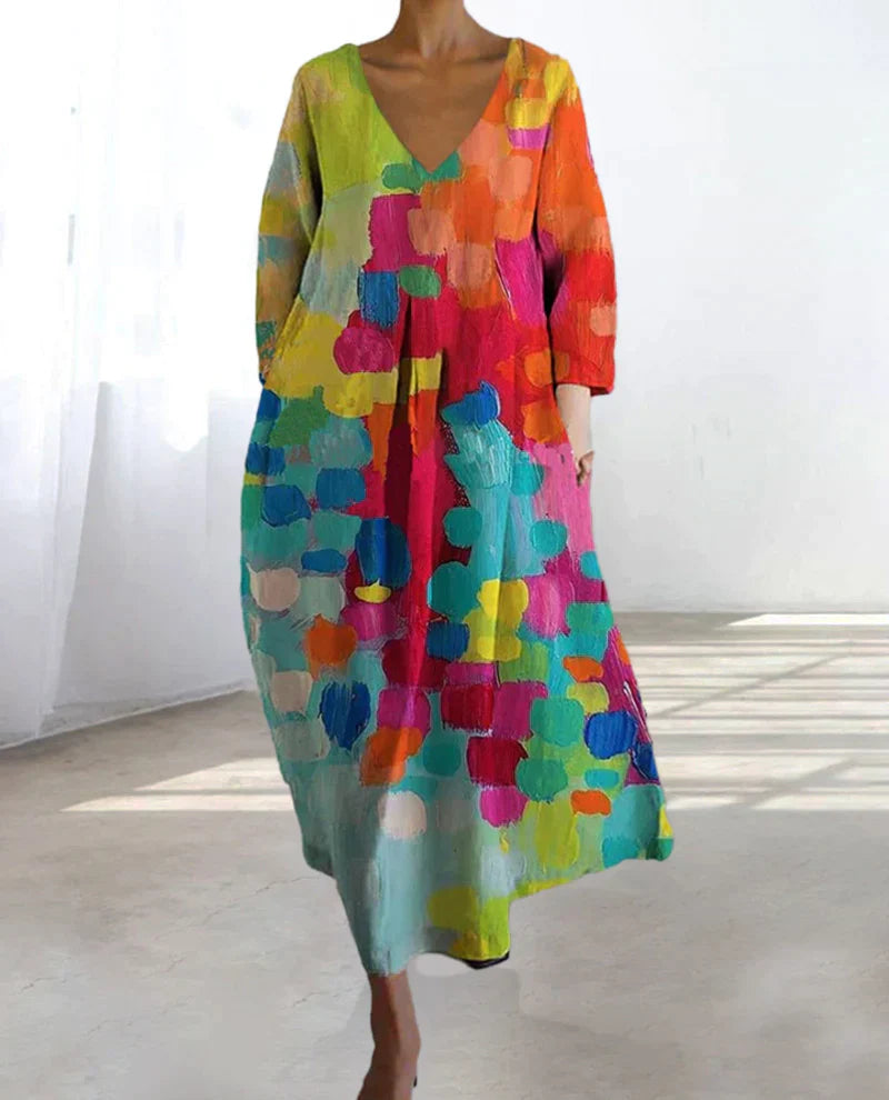 Louisa | Women's Multicolour V-Neck Long Sleeve Loose Fit Summer Midi Dress