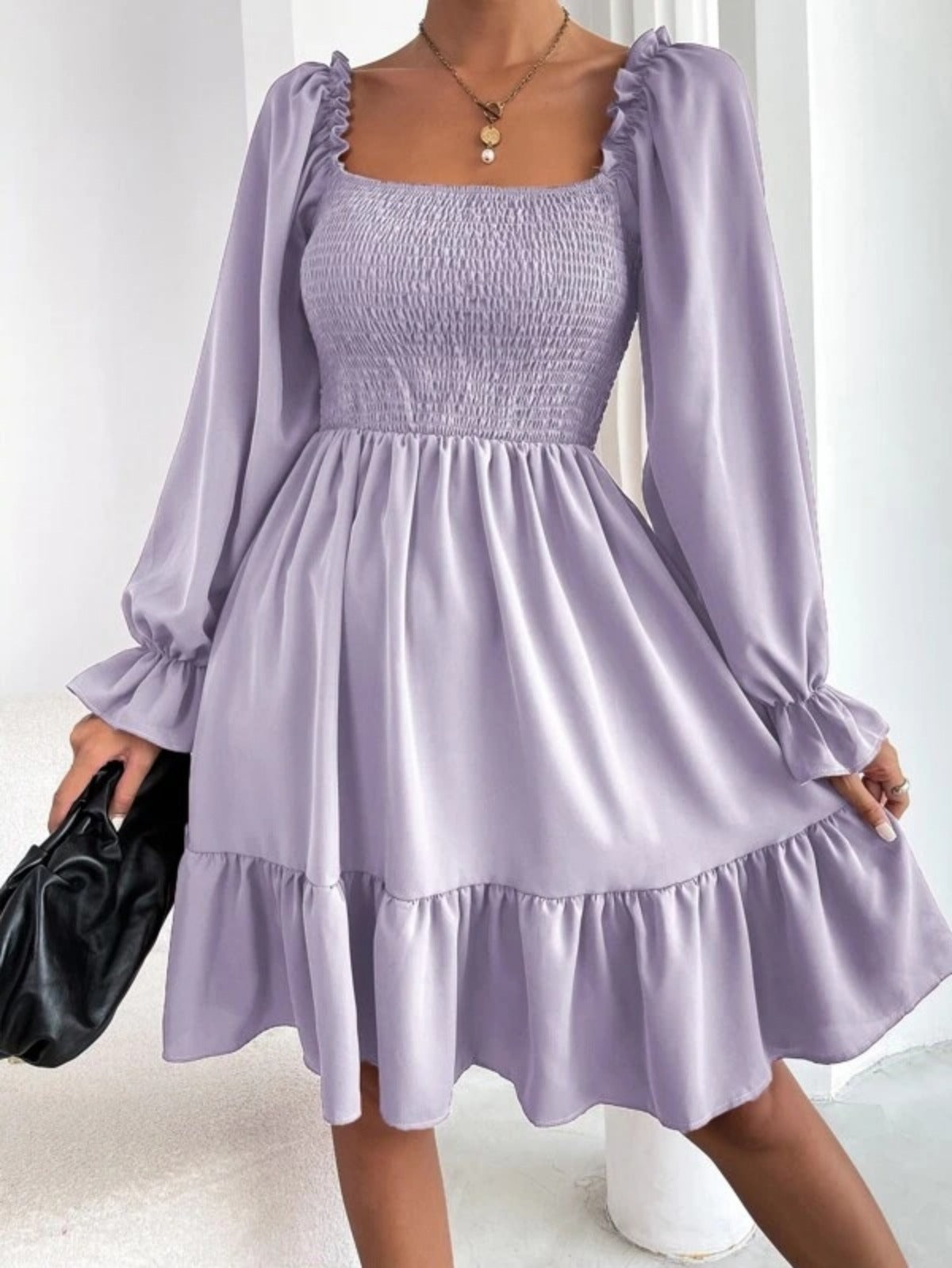 Sibylla | Women’s Solid Colour Square Neck Pleated Mini Dress with Bishop Sleeves & Ruffled Hem