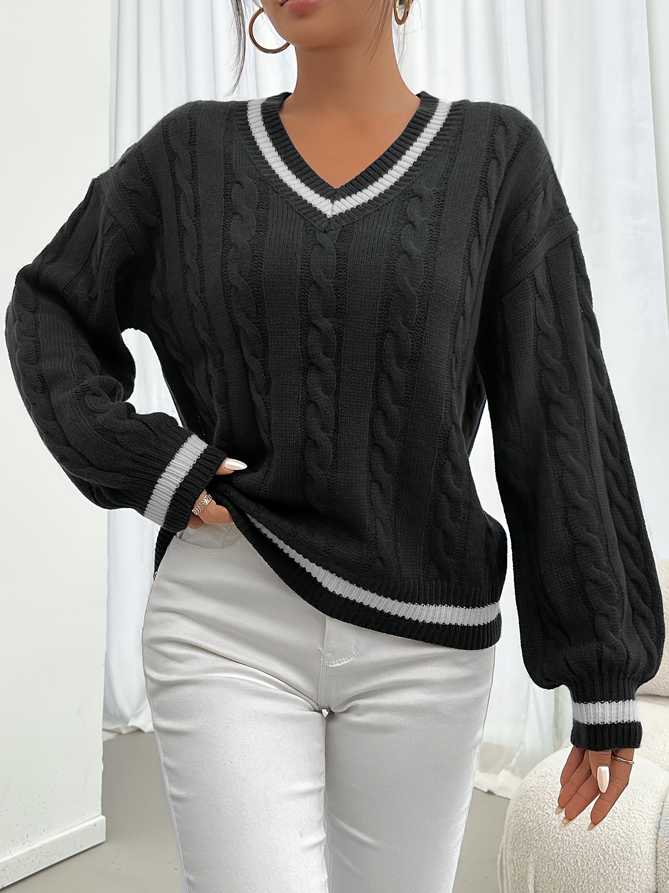 Sieberta | Women's V-Neck Pullover with Loose Fit and Textured Knit Design