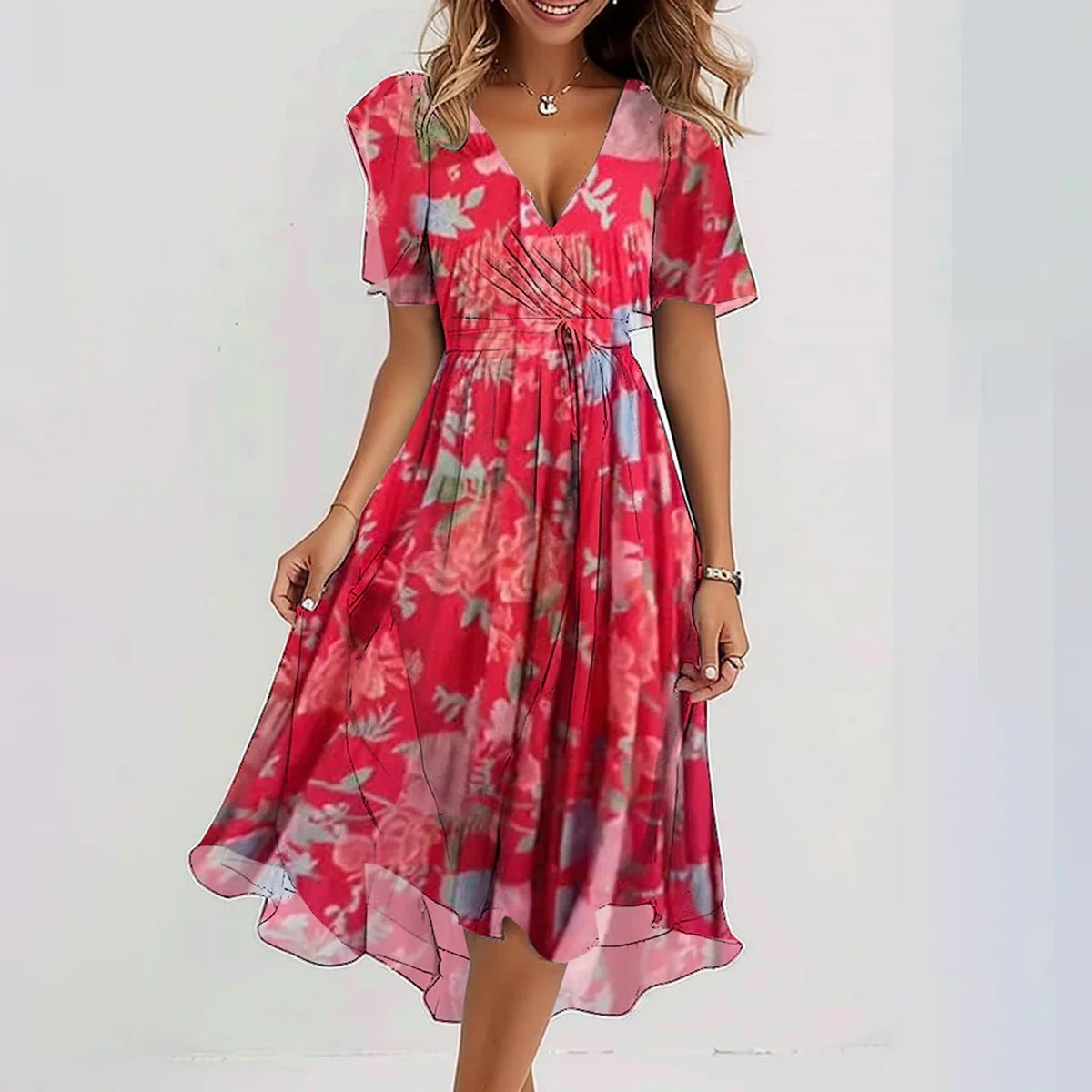 Eliza | Women's Floral Deep V-Neck Cinched Waist Chiffon Midi Dress for Summer