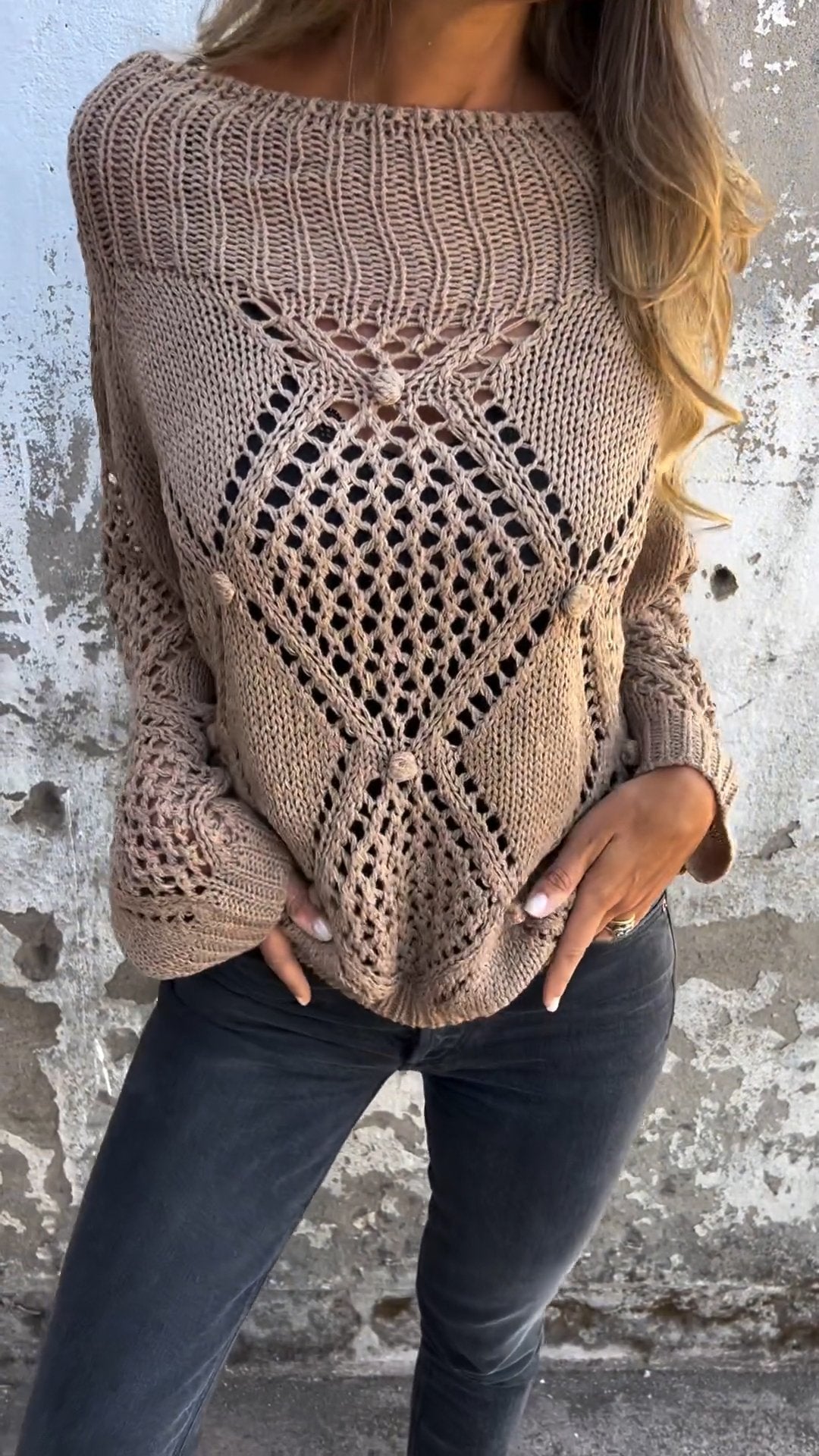Ealhswith | Women’s Round Neck Knitted Top with Hollow Detailing