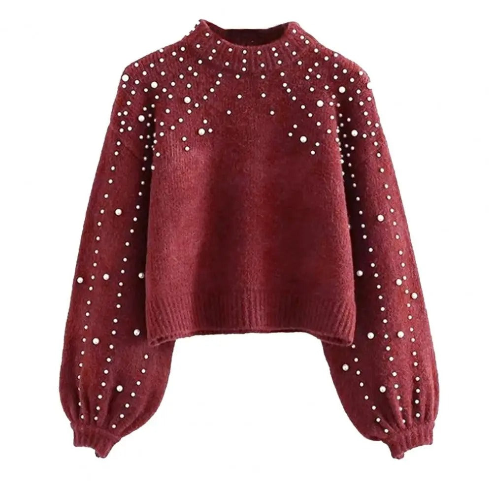 Katarina | Women's Stylish Knit Jumper with Pearl Embellishments and Lantern Sleeves – Round Neck Sweater