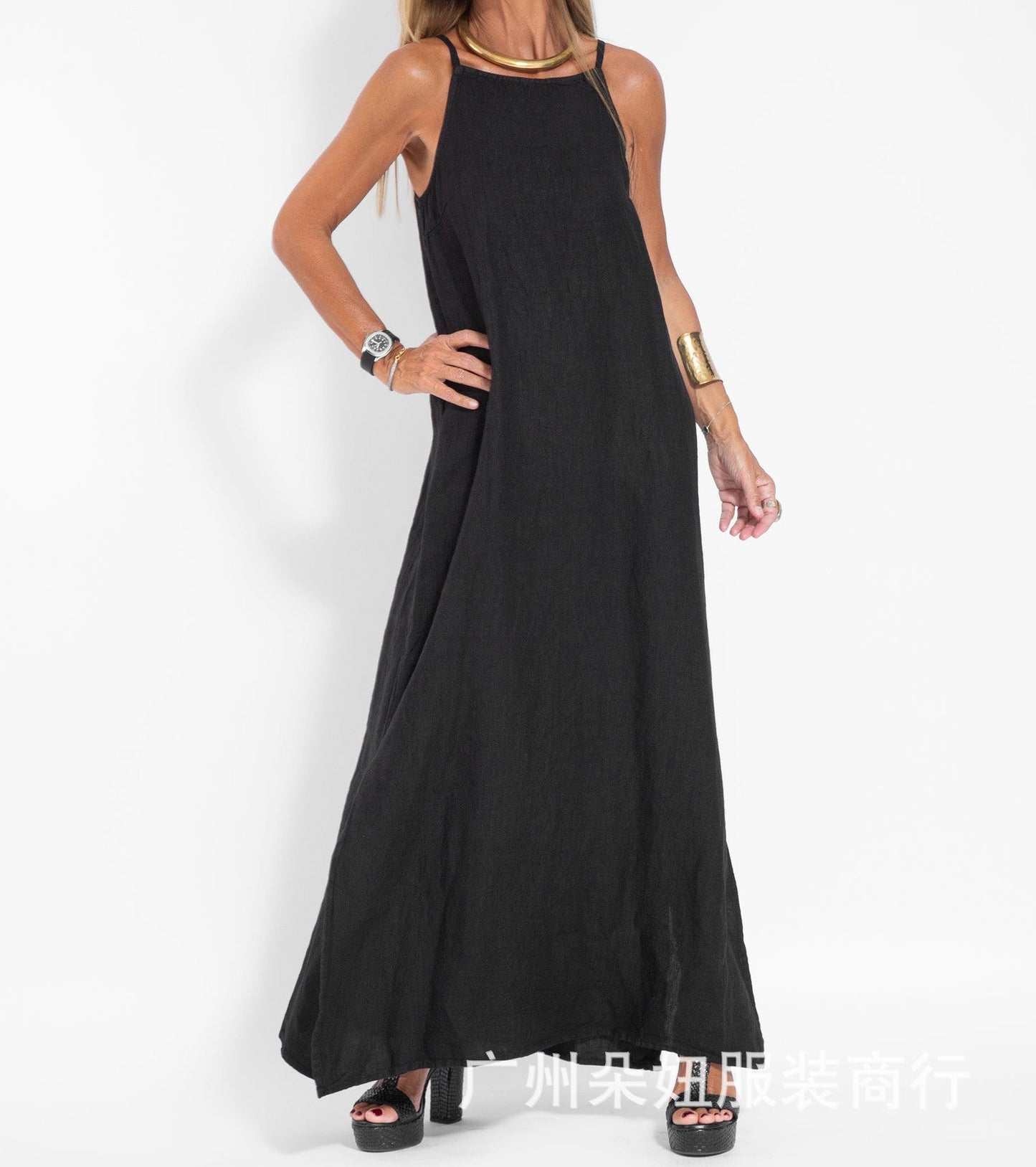 Eleanor | Women's Spaghetti Strap Solid Colour Maxi Dress with Leg Slit – Loose Fit for Summer