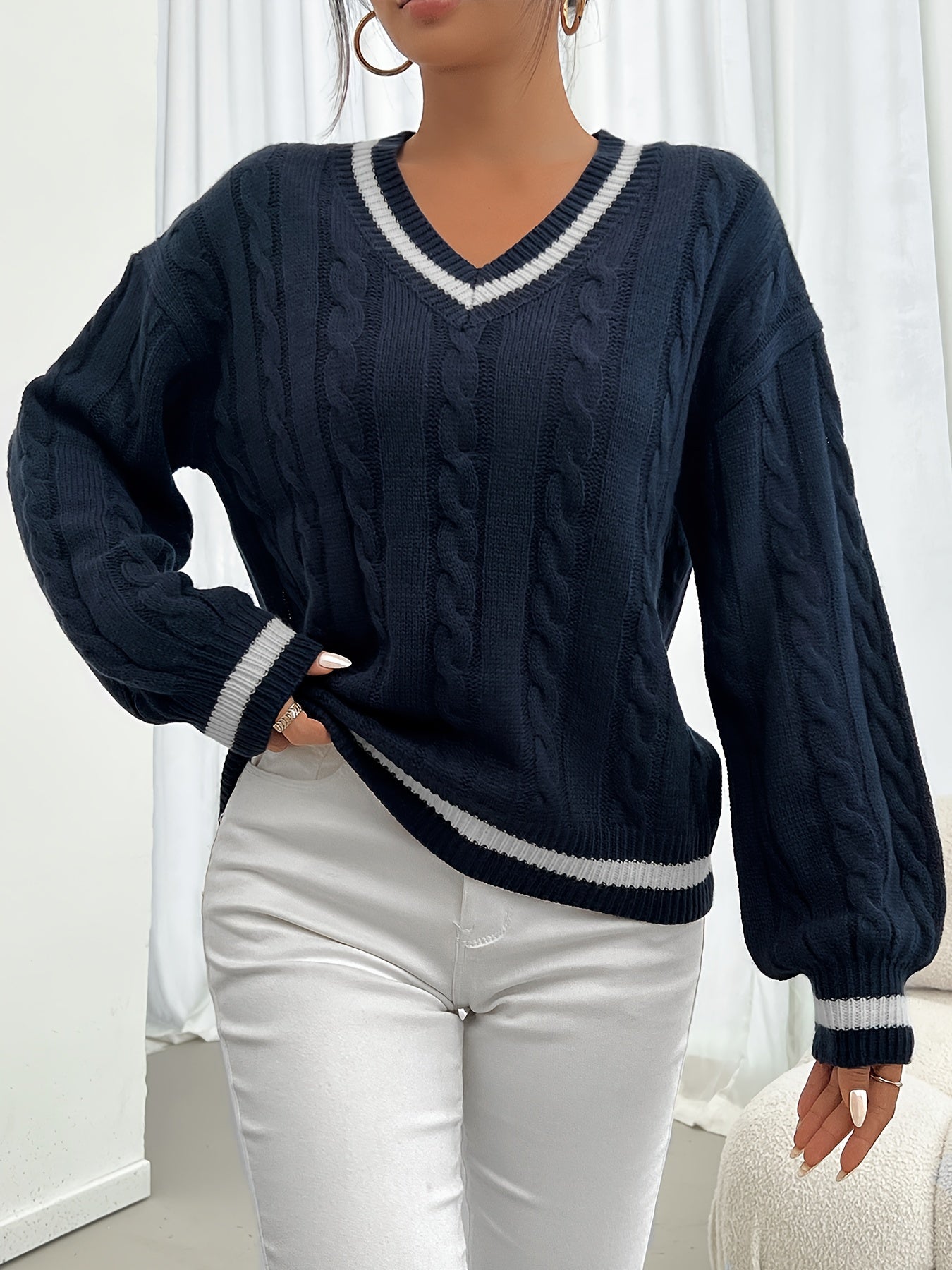 Sieberta | Women's V-Neck Pullover with Loose Fit and Textured Knit Design