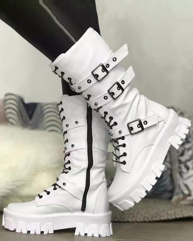 Elwynn | Women's White Military-Style Boots with Lace-Up Design and Buckle Detailing