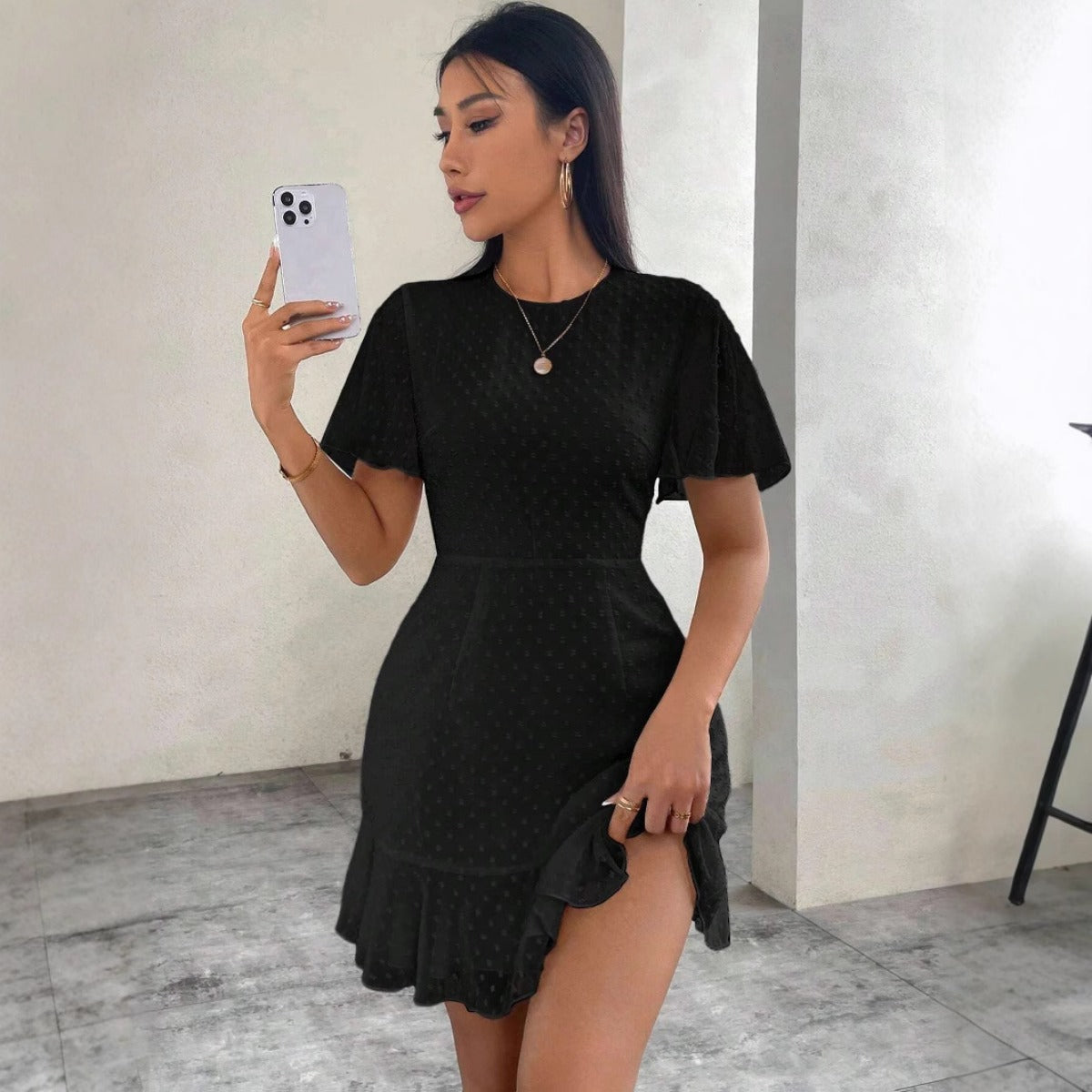 Tavina | Women's Polka Dot Ruffle Trim Mini Dress with Round Neck & Short Sleeves