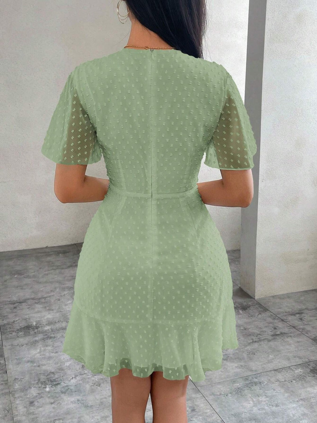 Tavina | Women's Polka Dot Ruffle Trim Mini Dress with Round Neck & Short Sleeves