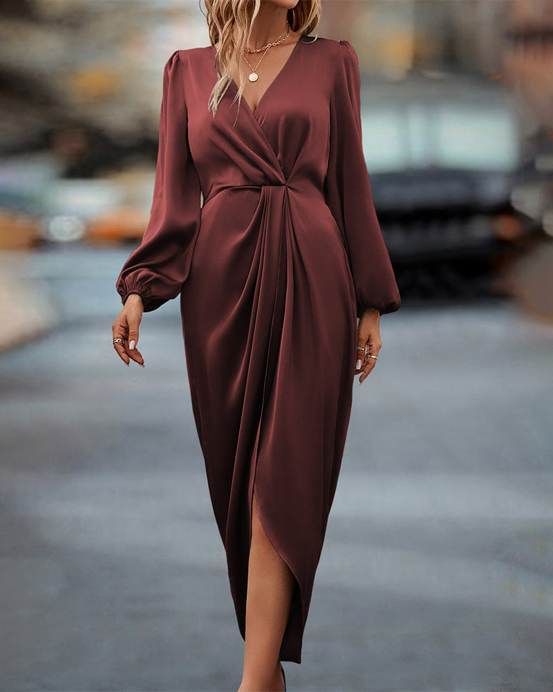 Lowenna | Women's Deep V-Neck Long Lantern Sleeves Wrap Style Maxi Dress – Elegant & Comfortable for Every Occasion