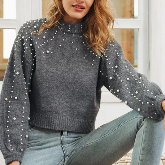 Katarina | Women's Stylish Knit Jumper with Pearl Embellishments and Lantern Sleeves – Round Neck Sweater