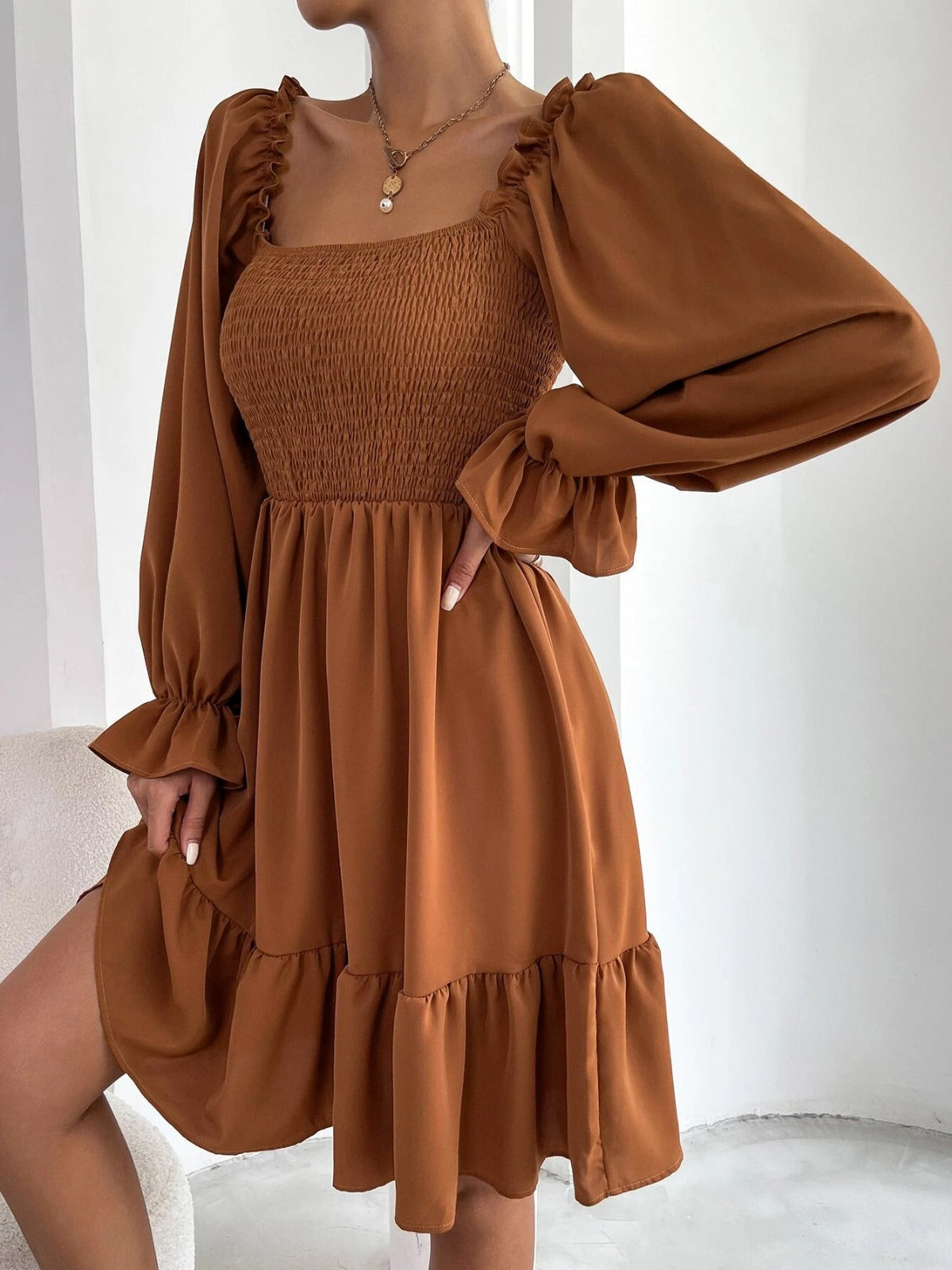 Sibylla | Women’s Solid Colour Square Neck Pleated Mini Dress with Bishop Sleeves & Ruffled Hem