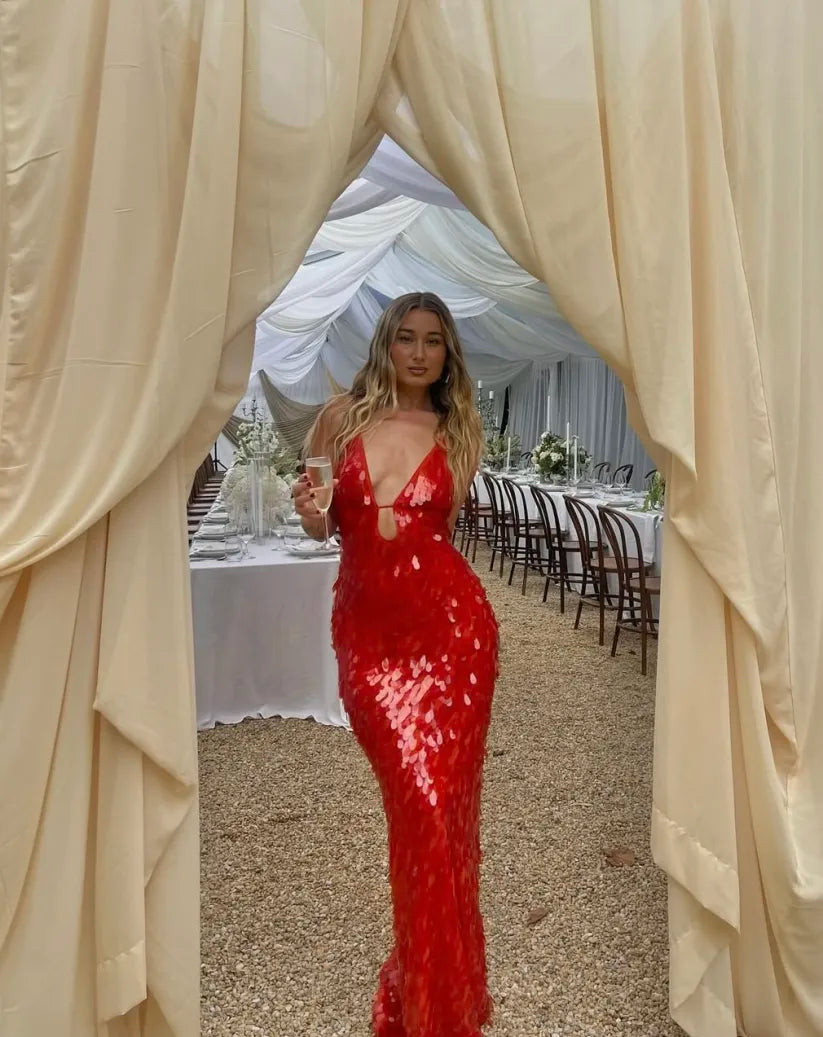 Lara | Women’s Red Sequin Spaghetti Strap Deep V Neck Mermaid Maxi Dress for Special Occasions