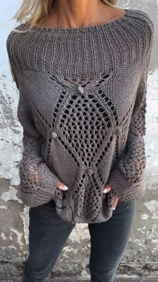Ealhswith | Women’s Round Neck Knitted Top with Hollow Detailing