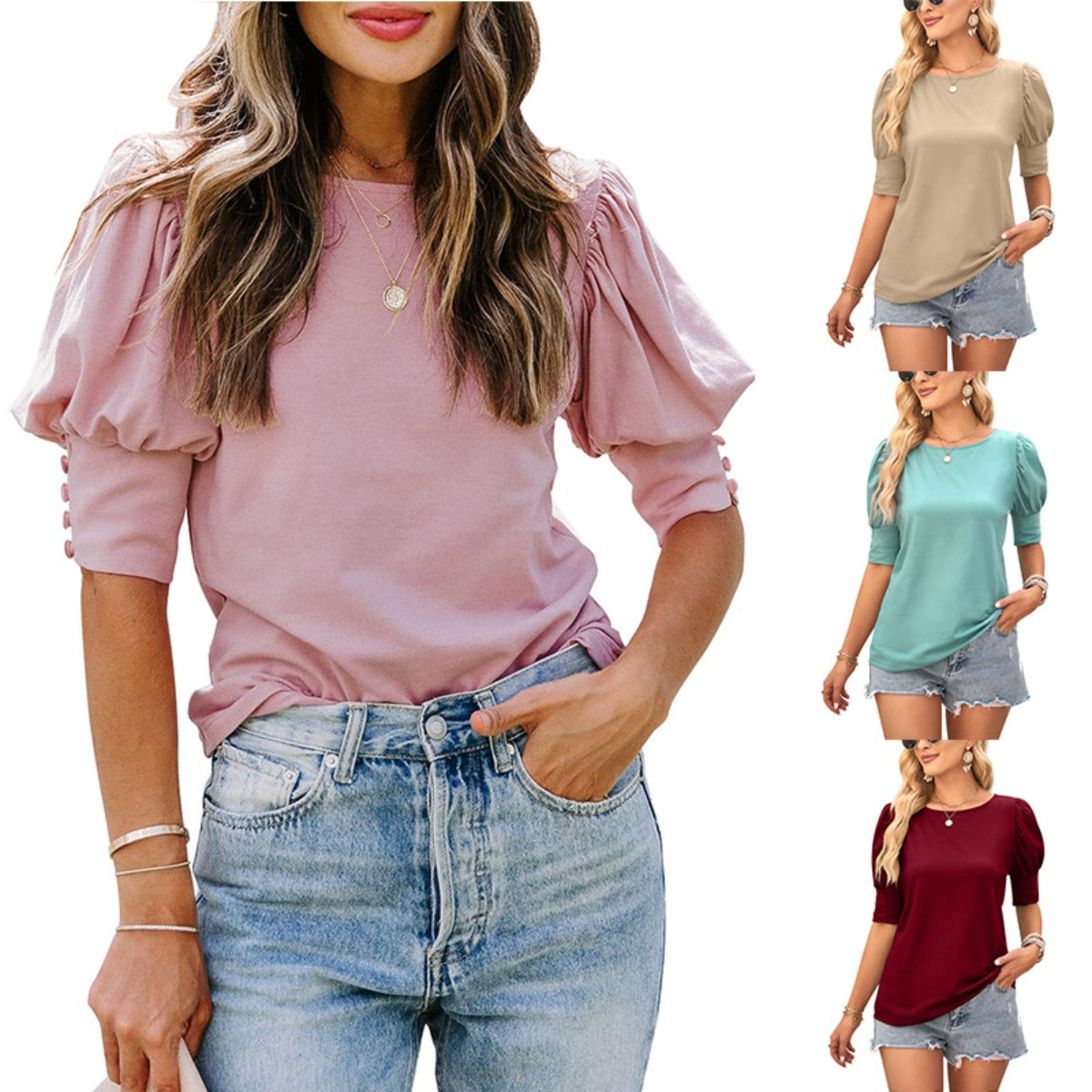 Solene | Women’s Classic Solid Colour Round Neck Puff Sleeve Summer Shirt