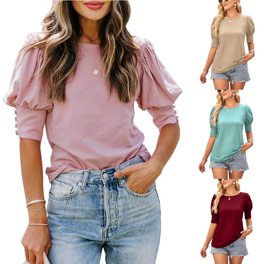 Solene | Women’s Classic Solid Colour Round Neck Puff Sleeve Summer Shirt
