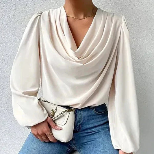 Lazelle | Women’s Draped Neck Bishop Sleeve Blouse – Elegant Solid Colour Long‑Sleeved Top