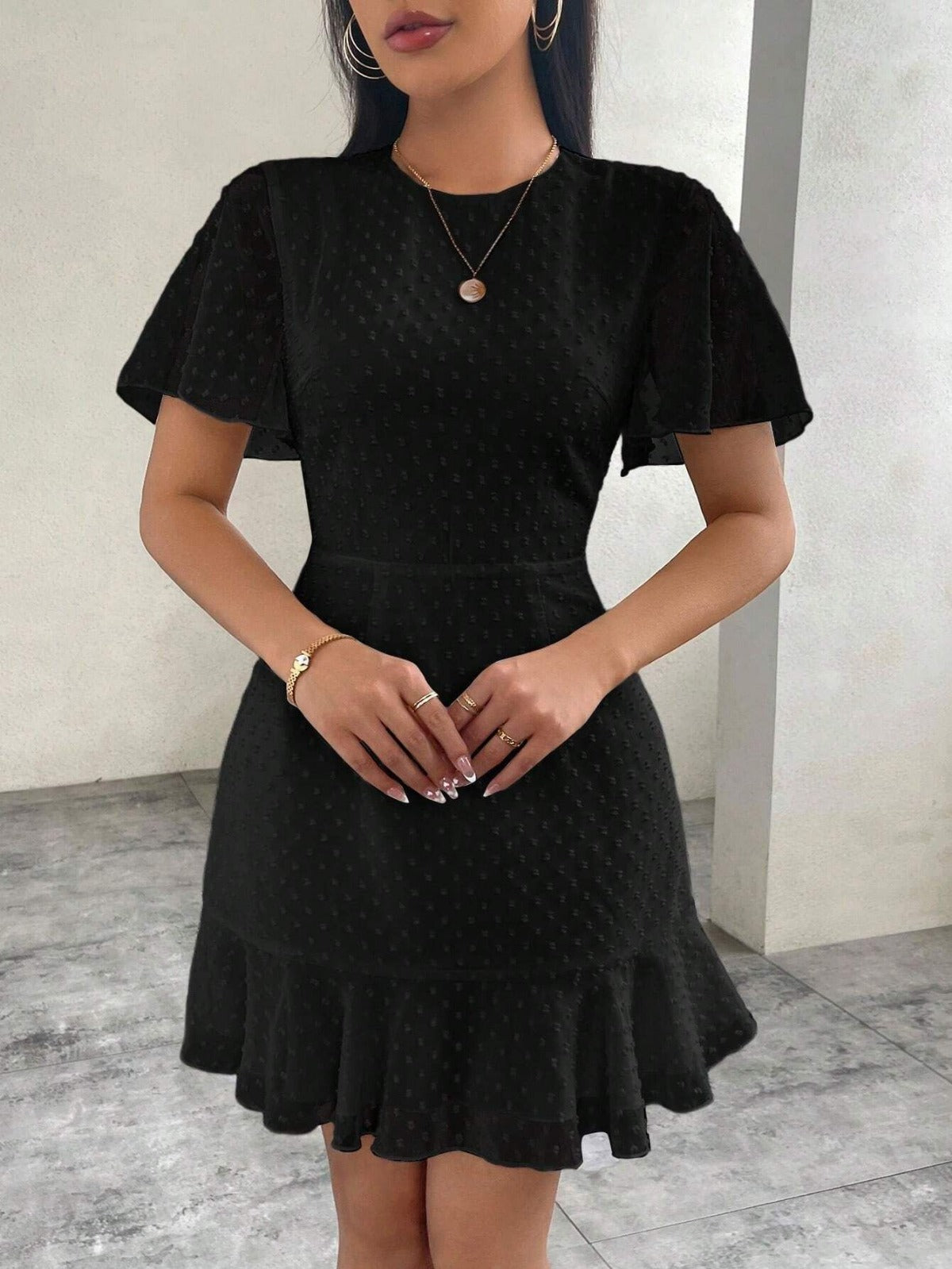 Tavina | Women's Polka Dot Ruffle Trim Mini Dress with Round Neck & Short Sleeves