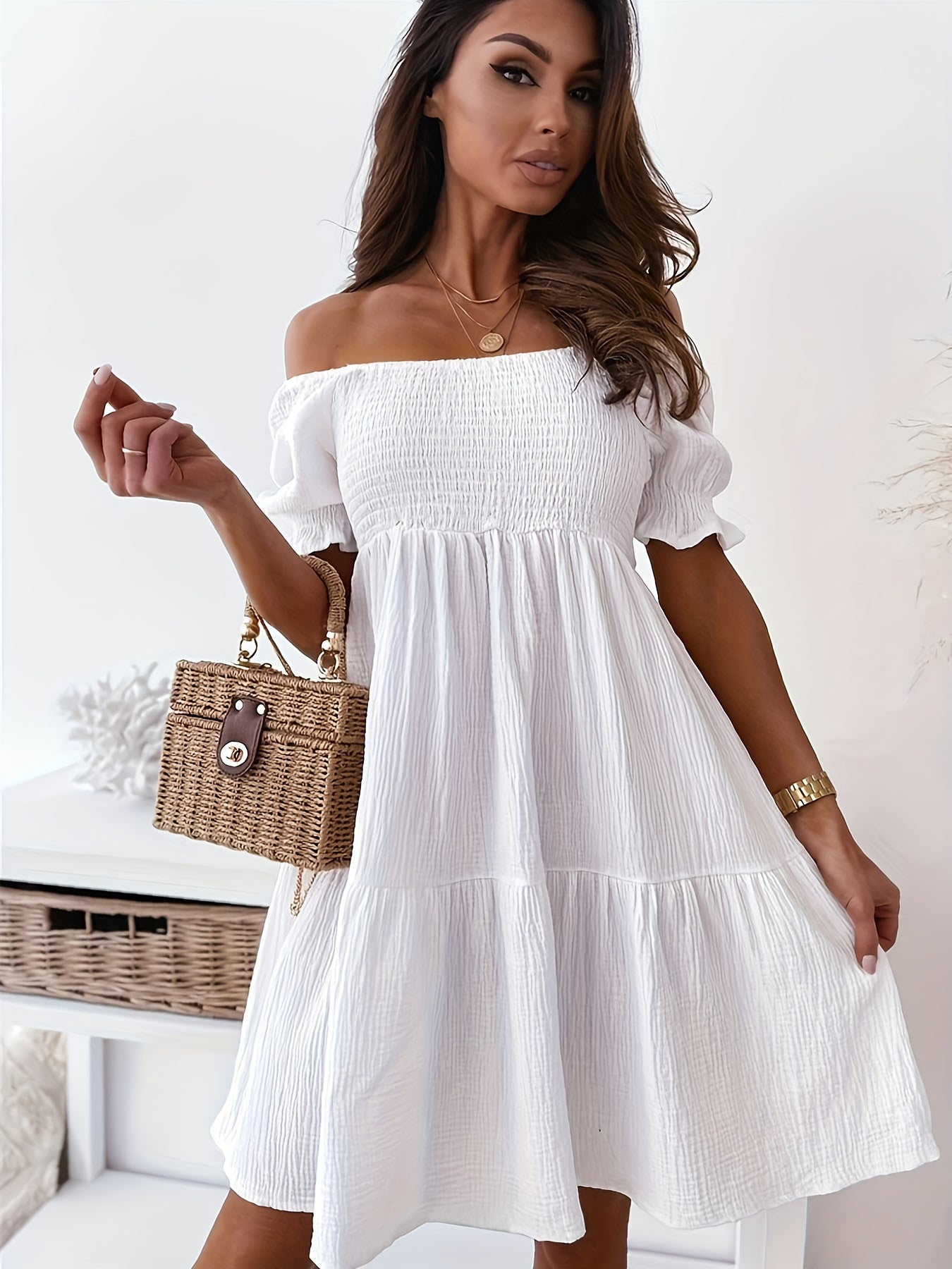 Selene | Women's Off-Shoulder Bohemian Smock Summer Mini Dress in Solid Colour