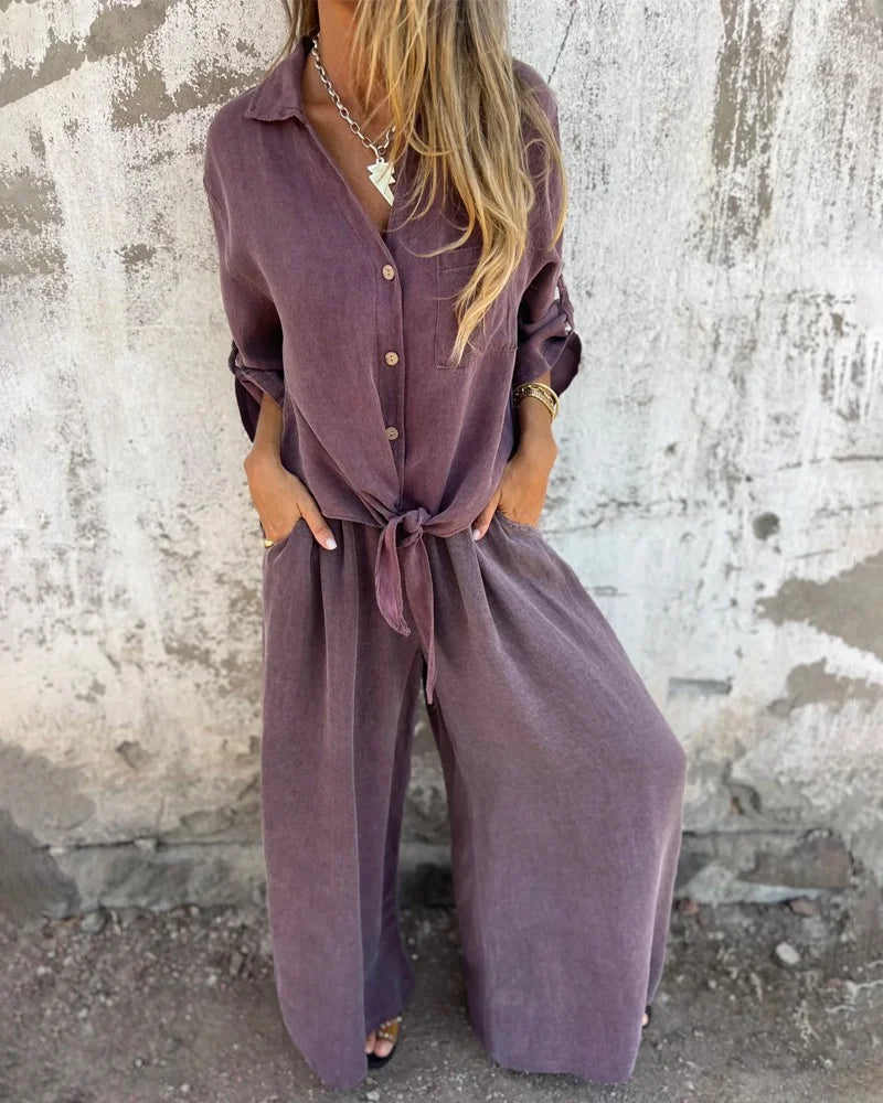 Dorigen | Women's Solid Colour Two-Piece Set with Buttoned Tie-Hem Blouse and Wide-Leg Trousers