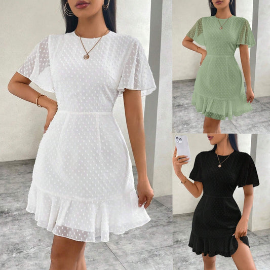 Tavina | Women's Polka Dot Ruffle Trim Mini Dress with Round Neck & Short Sleeves