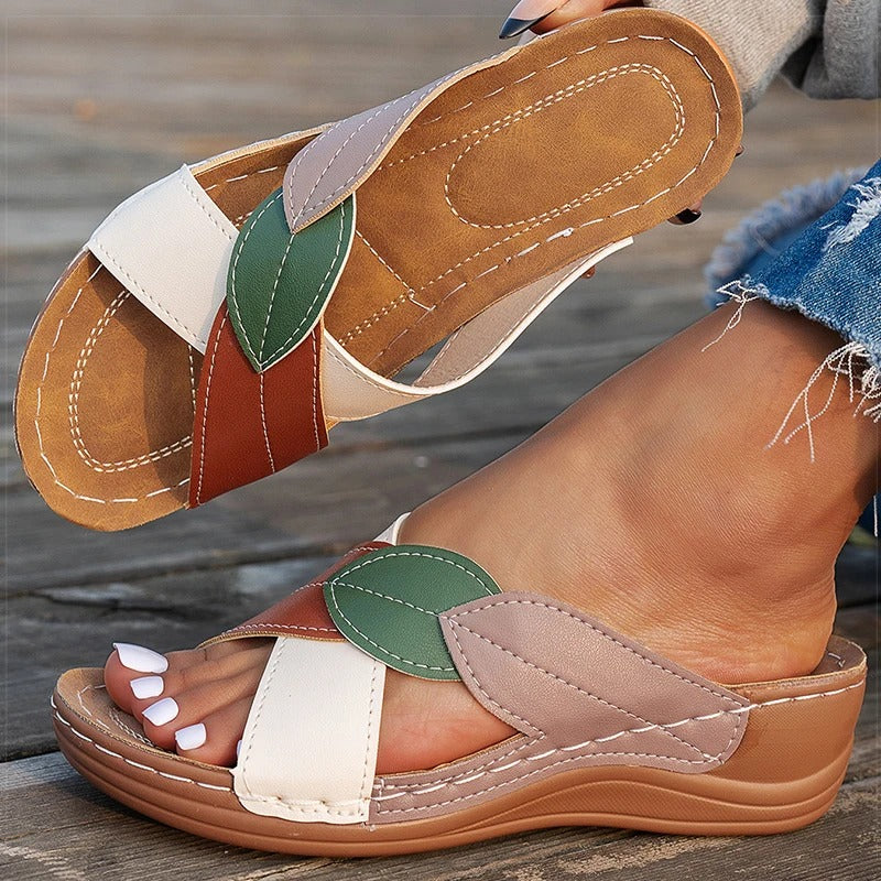Ursalyn | Women’s Colourful Leaf Strap Platform Sandals – Comfy Slip-On Summer Open Toe Shoes