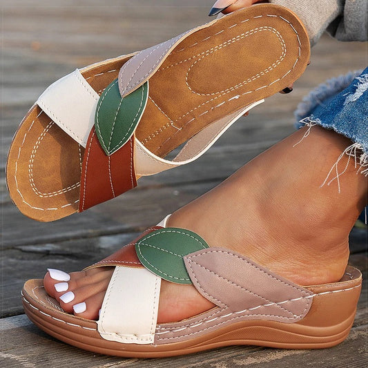 Ursalyn | Women’s Colourful Leaf Strap Platform Sandals – Comfy Slip-On Summer Open Toe Shoes