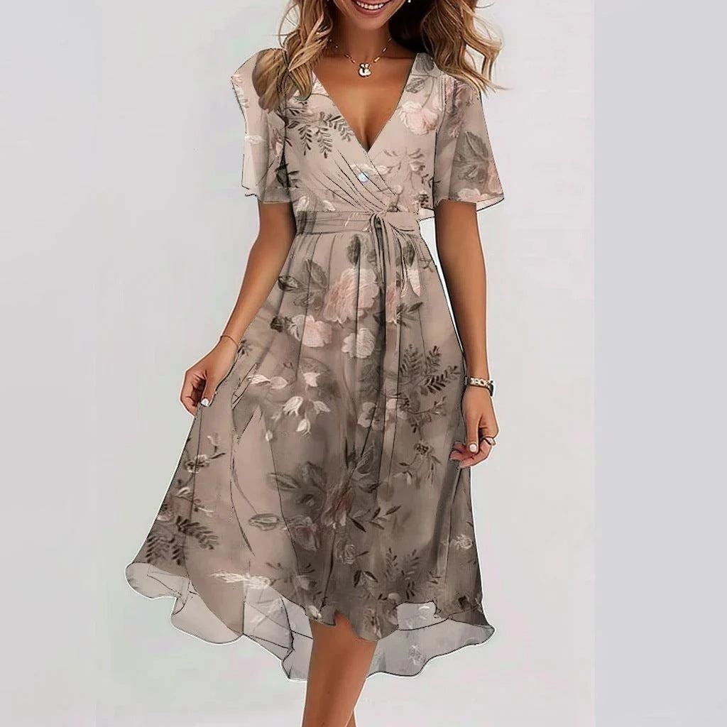 Eliza | Women's Floral Deep V-Neck Cinched Waist Chiffon Midi Dress for Summer
