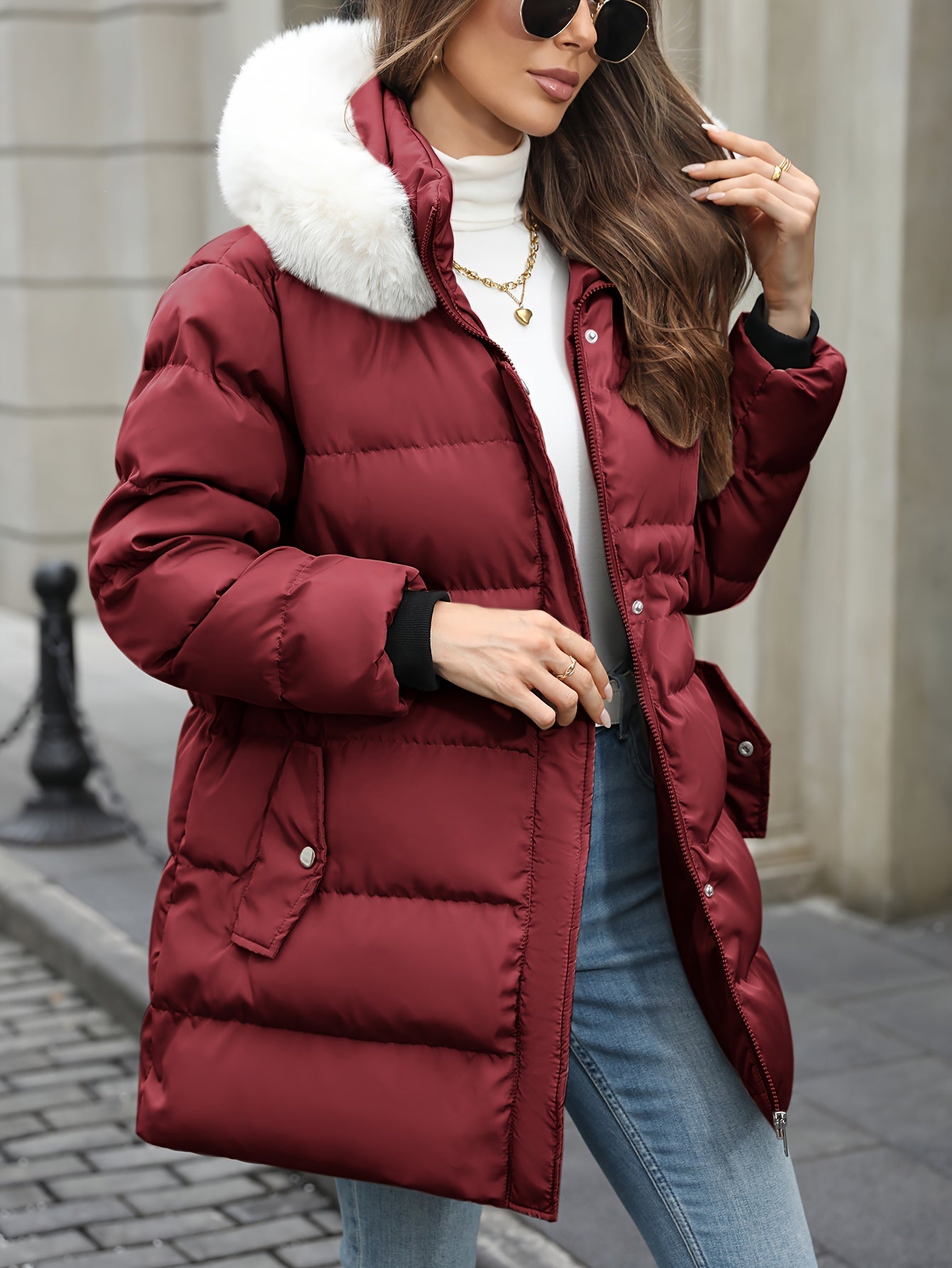 Trudy | Women’s Padded Down Jacket with Fur Hood – Warm Zipped Winter Coat